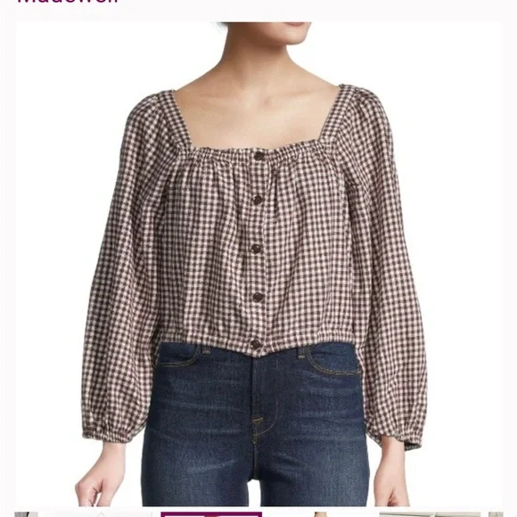 Madewell Puff Sleeve Button Front Crop Top in brown gingham - Picture 4 of 10